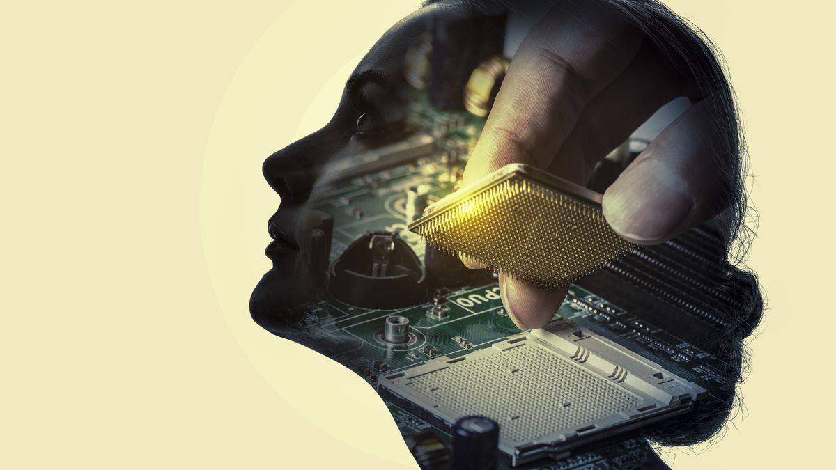 A silhouette of a woman’s head with the image of a computer chip being placed in a motherboard inside it.