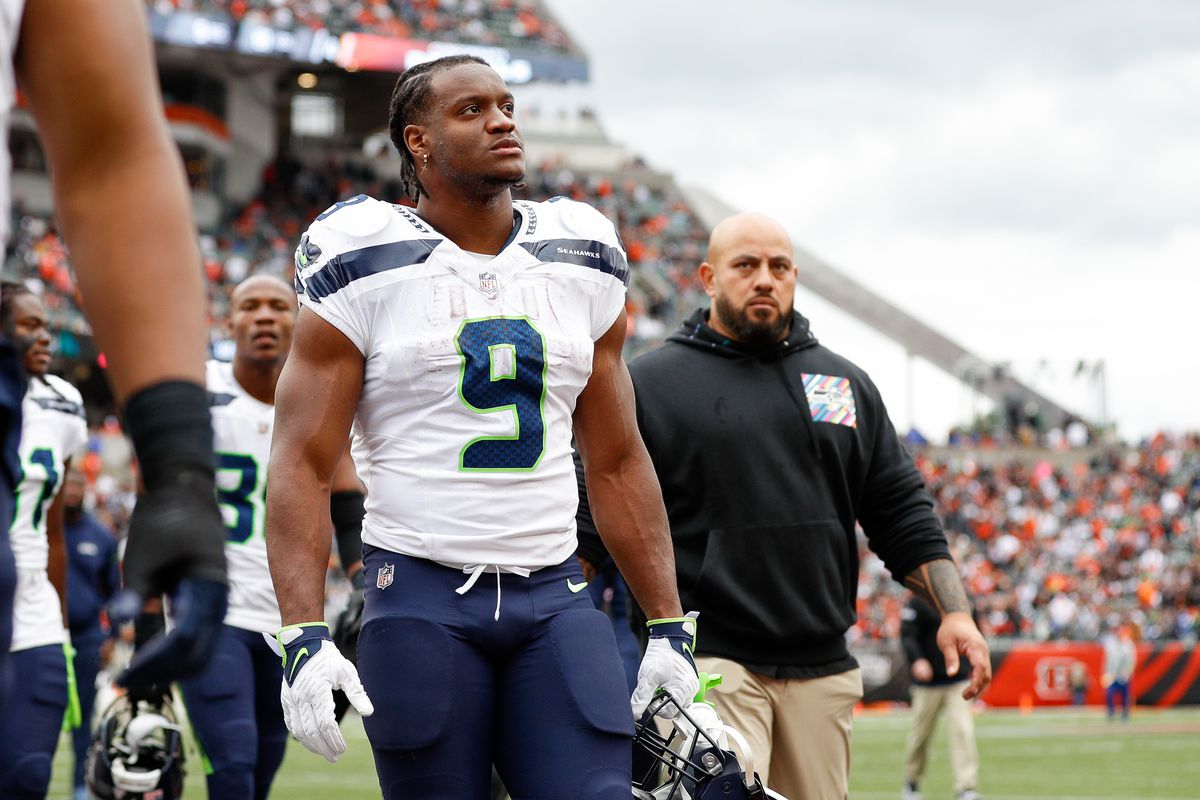Seattle Seahawks running back Kenneth Walker III (9) walks off the field at halftime during the game against the Seattle Seahawks and the Cincinnati Bengals on October 15, 2023, at Paycor Stadium in Cincinnati, OH.