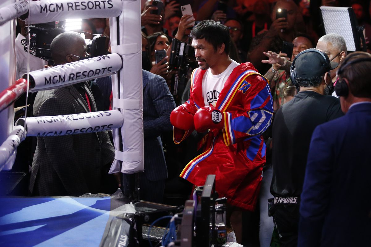 Manny Pacquiao makes his ring entrance for a WBA welterweight title fight against Yordenis Ugas at T-Mobile Arena on August 21, 2021 in Las Vegas, Nevada.