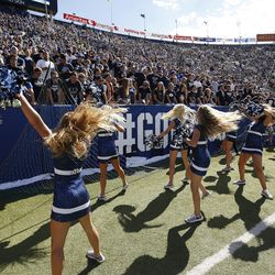 Brigham Young Cougars cheerleaders perform in Provo on Saturday, Aug. 26, 2017. BYU won 20-6.