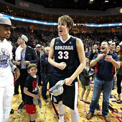 Gonzaga forward Kyle Wiltjer reacts to learning he was named tournament's most outstanding player after the WCC Tournament at The Orleans Arena on Tuesday, March 8, 2016.
