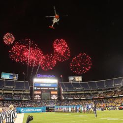 Pre game fireworks ans a fly over during the Poinsettia Bowl in San Diego on Wednesday, Dec. 21, 2016. BYU won 24-21.