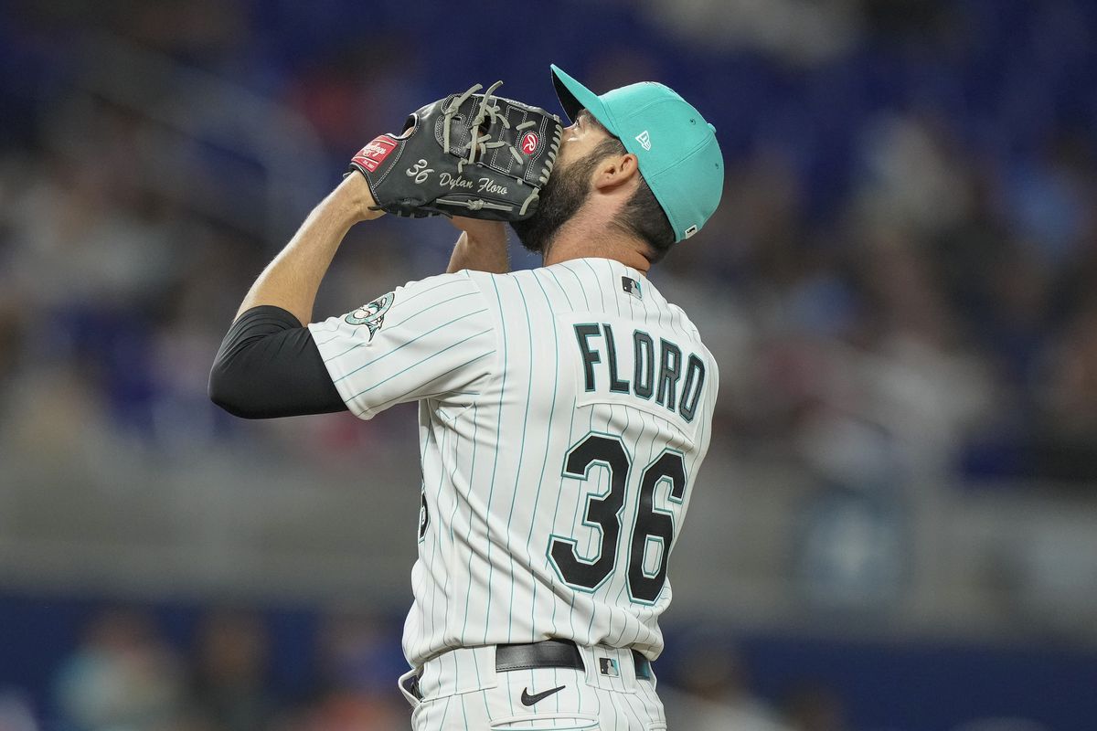 Dylan Floro #36 of the Miami Marlins comes set on the mound during the eighth inning against the Arizona Diamondbacks at loanDepot park on April 14, 2023 in Miami, Florida.