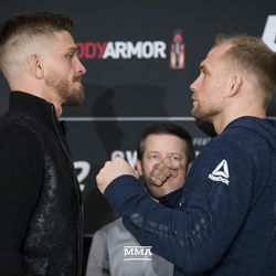 Mike Pyle and Zak Ottow square off at UFC 222 media day.