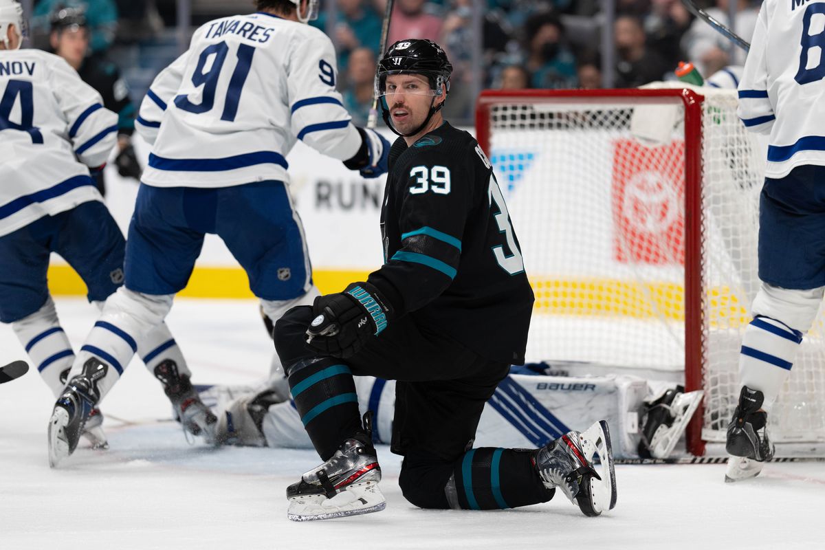 Nov 26, 2021; San Jose, California, USA; San Jose Sharks center Logan Couture (39) during the third period against the Toronto Maple Leafs at SAP Center at San Jose.