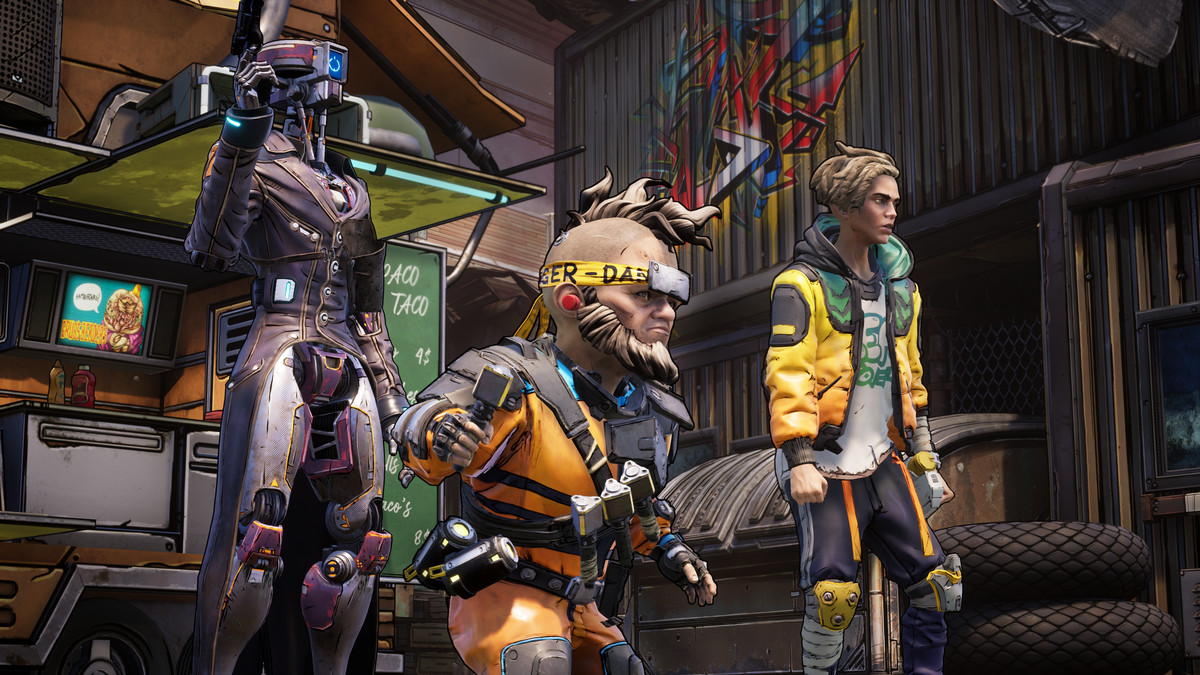 LOU13, the robot assassin, stands next to Octavio, the buffoon brother, and a secondary character in New Tales From the Borderlands