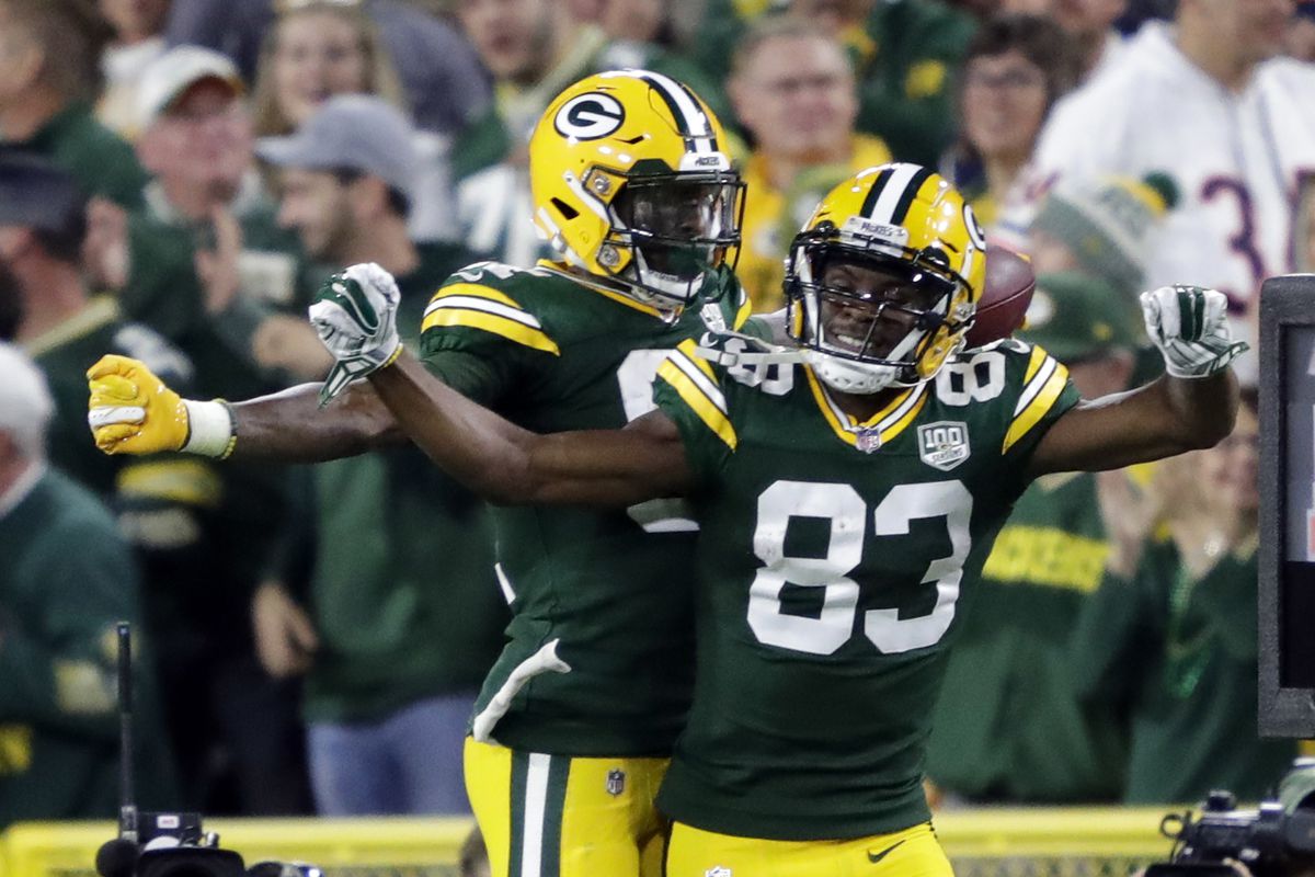 Green Bay Packers wide receiver Geronimo Allison celebrates his touchdown with Marquez Valdes-Scantling in the fourth quarter against the Chicago Bears at Lambeau Field.