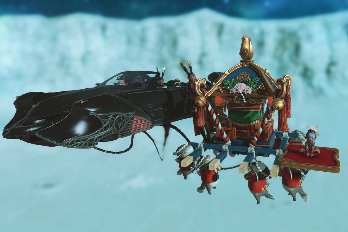 Several Final Fantasy characters flying on the moon using different mounts