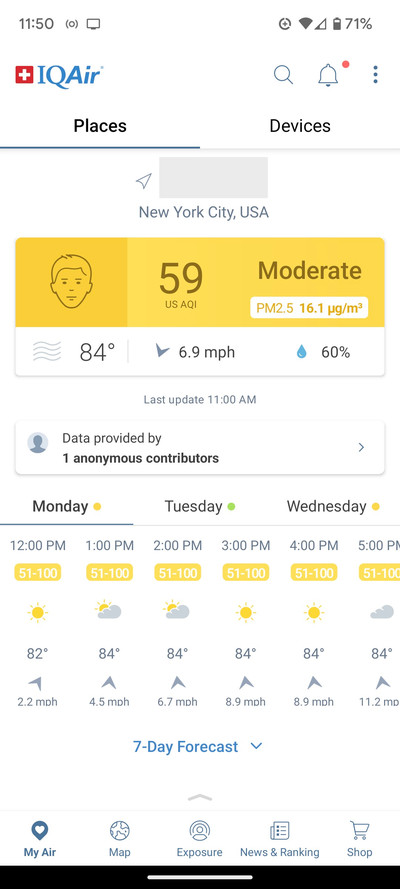 IQ Air page with tabs for Places and Devices, an orange rectangle with a face, 59 AQI, and Moderate, and beneath that the weather for Monday, Tuesday, Wednesday.