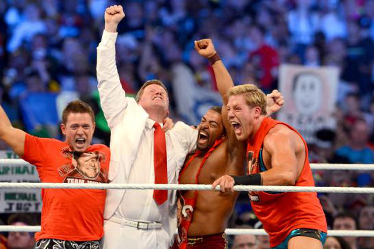 John Laurinaitis celebrates becoming General Manager of both Raw and Smackdown at WrestleMania 28 on Sun., April 1, 2012, at Sun Life Stadium in Miami, Florida. Photo via WWE.com. 