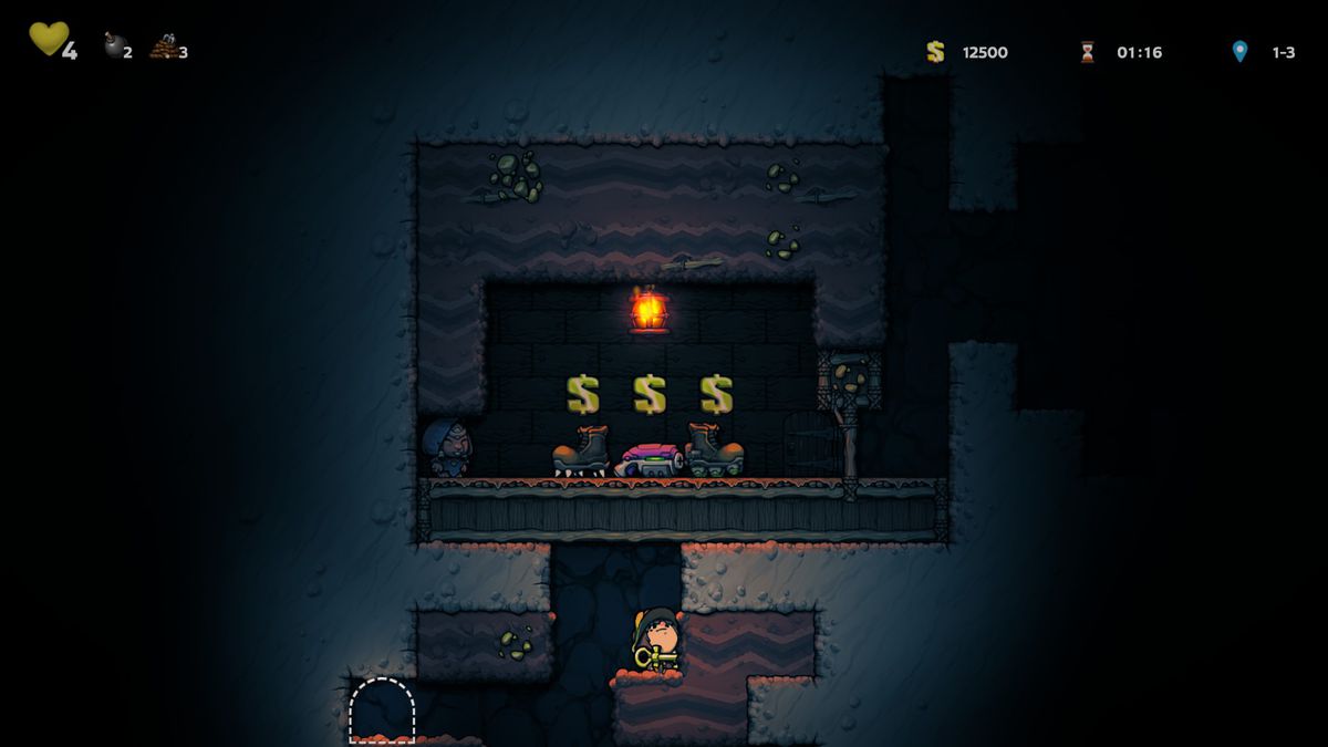In Spelunky 2, our hero holds a magical key while looking for a secret passage.