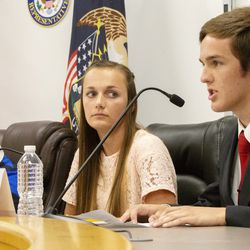 Rep. Rob Bishop, R-Utah, and Union High School student Annalee Birchell listen as student Nathan Wallace gives a statement during a field hearing on energy and education at Union High School in Roosevelt on Wednesday, Aug. 29, 2018.