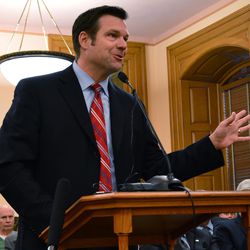 Kansas Secretary of State Kris Kobach testifies during a legislative committee hearing in favor of a bill to repeal a law giving a tuition break to some higher education students brought to the U.S. illegally by their parents, Tuesday, Feb. 24, 2015, at the Statehouse in Topeka, Kan. Kobach is a former law professor who helped write Arizona and Alabama laws cracking down on illegal immigration. 
