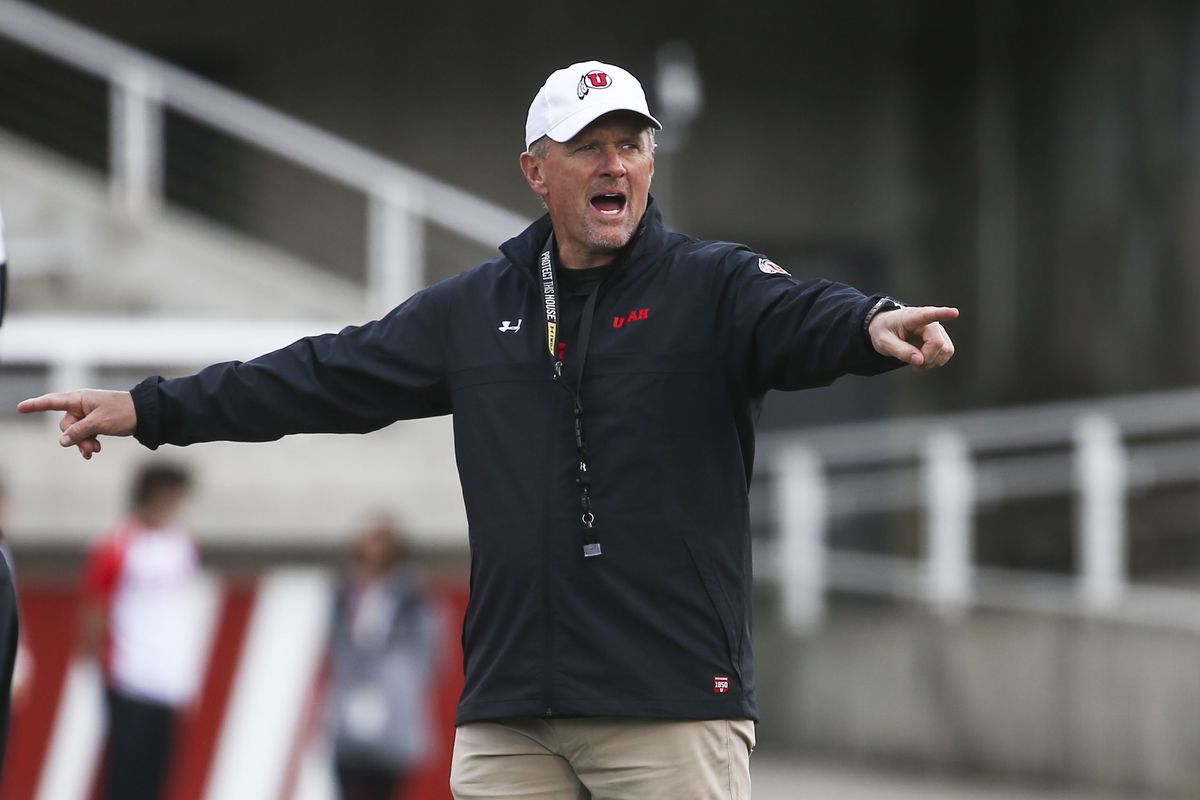 Utah head coach Kyle Whittingham gives instructions during the 2019Red-White game at Rice-Eccles Stadium in Salt Lake City.