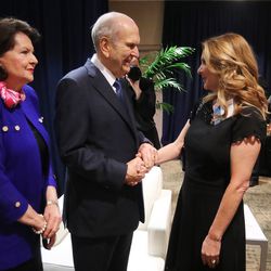 President Russell M. Nelson and his wife, Sister Wendy Nelson, greet Barbara Poma, owner of the Pulse nightclub, prior to speaking at a devotional at the Amway Center in Orlando, Florida, on Sunday, June 9, 2019.