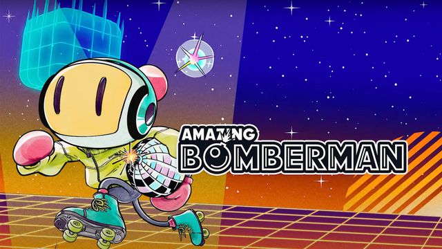 Artwork of Bomberman running with a disco ball under his arm in artwork from Amazing Bomberman