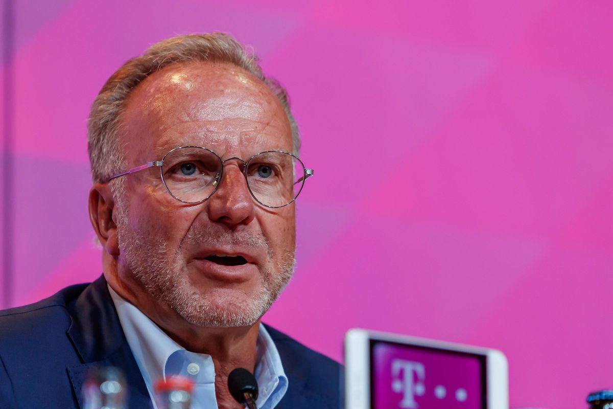 SEGOVIA, SPAIN - JULY 08: Karl-Heinz Rummenigge of FC Bayern Muenchen looks on during a press conference to announce new signing Lucas Hernandez at Allianz Arena on July 8, 2019 in Munich, Germany.