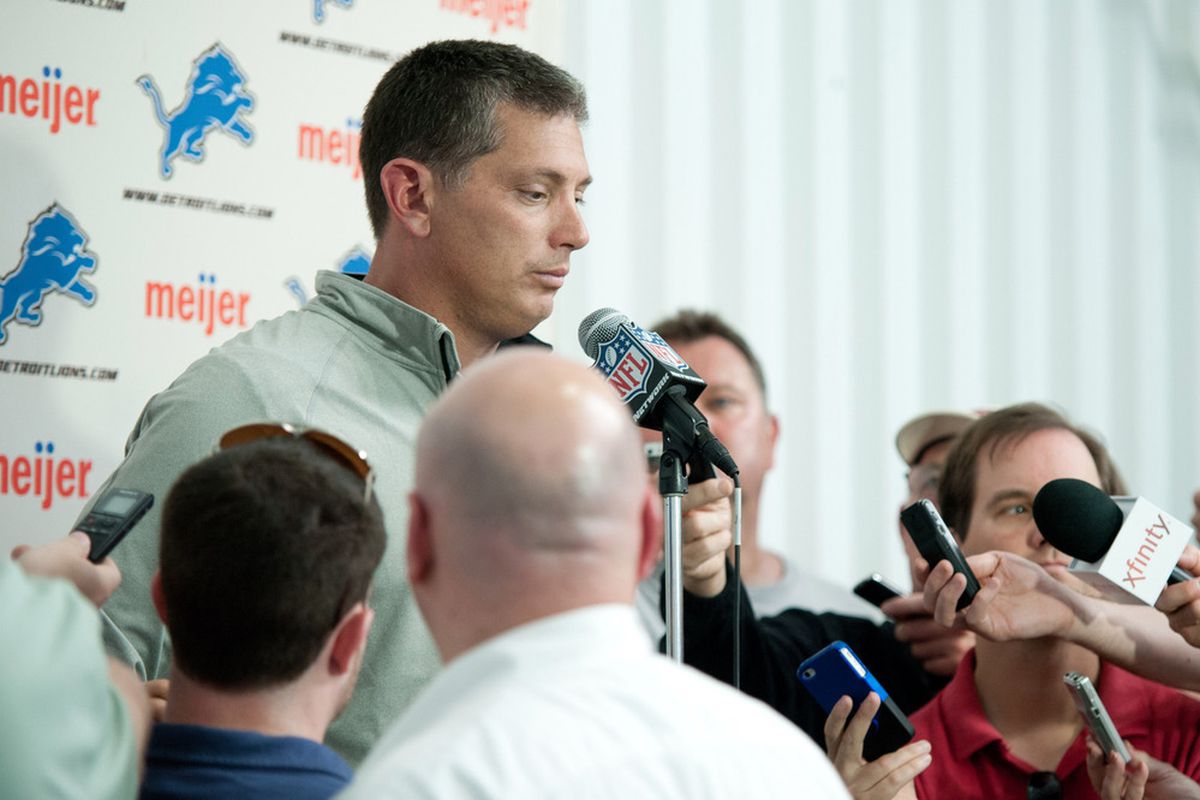 May 11, 2012; Allen Park, MI, USA; Detroit Lions head coach Jim Schwartz  talks to the media after rookie mini camp at the Detroit Lions training facility. Mandatory Credit: Tim Fuller-US PRESSWIRE