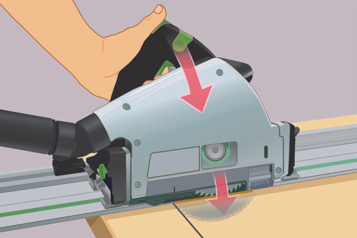 Illustration of a track saw making a plunge cut