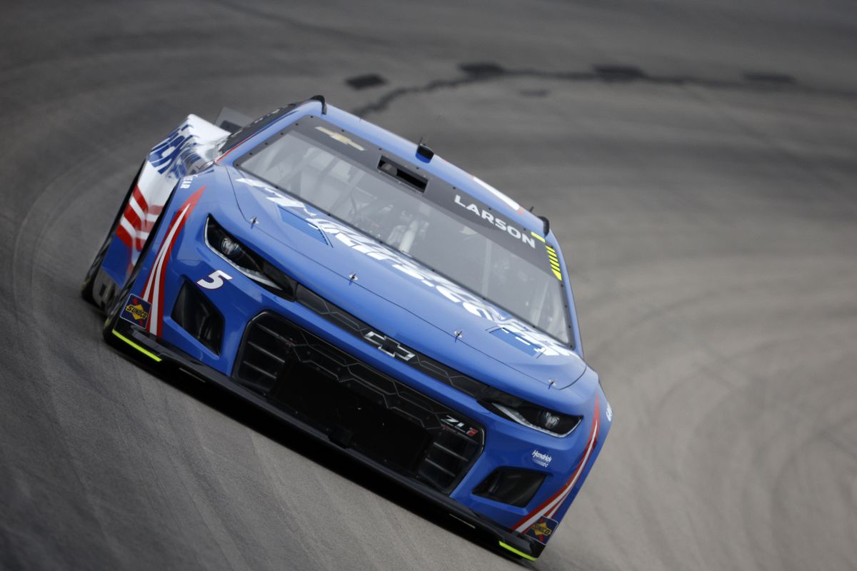 Kyle Larson, driver of the #5 HendrickCars.com Chevrolet, drives during qualifying for the NASCAR Cup Series All-Star Race at Texas Motor Speedway on May 21, 2022 in Fort Worth, Texas.