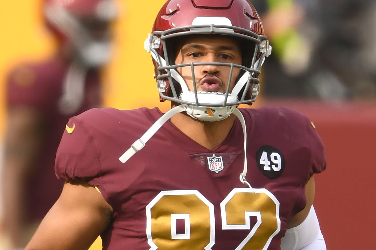 Logan Thomas #82 of the Washington Football Team warms up before a NFL football game against the Cincinnati Bengals on November 22, 2020 at FedExField in Landover, Maryland.