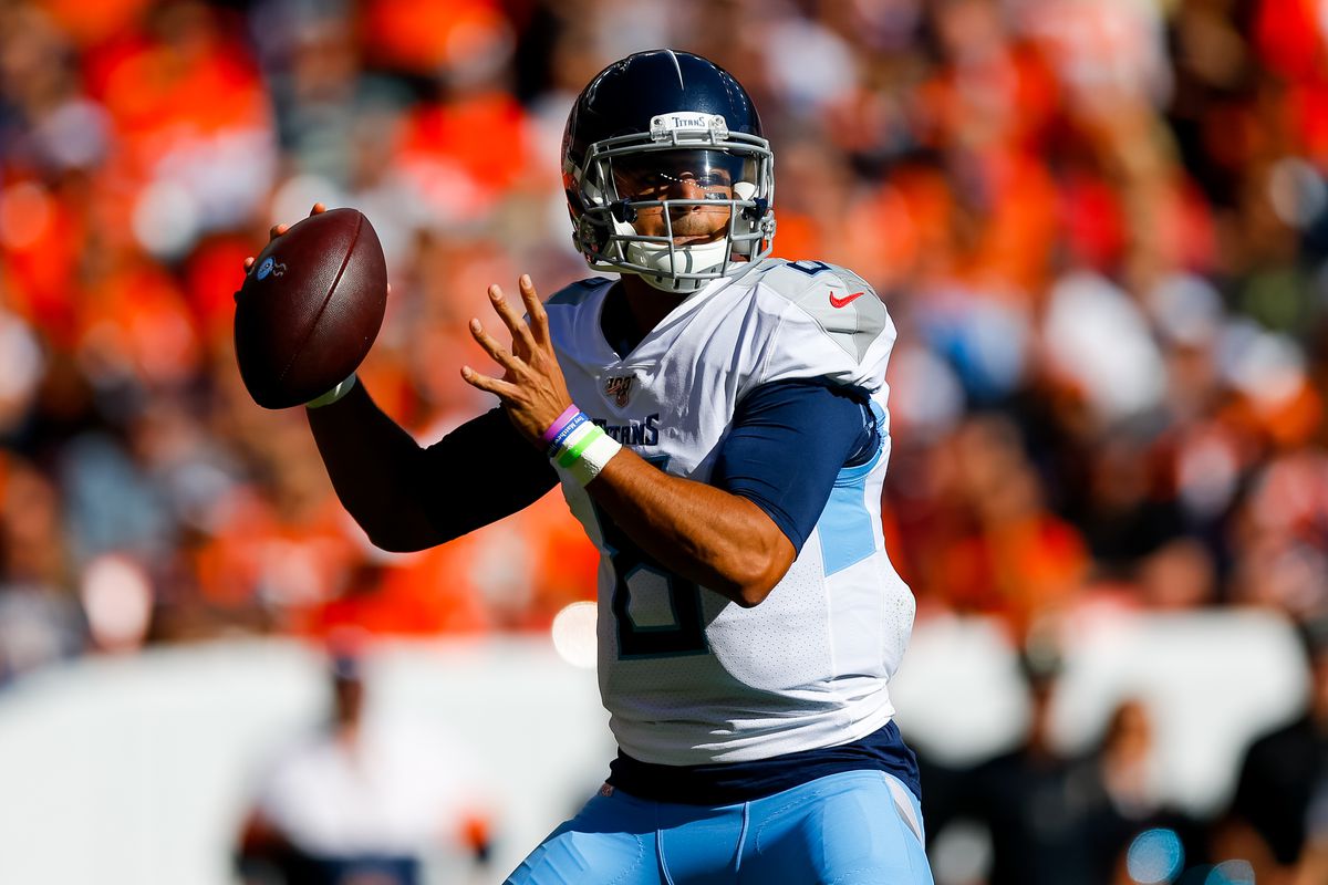 Quarterback Marcus Mariota of the Tennessee Titans throws a pass during the second quarter against the Denver Broncos at Empower Field at Mile High on October 13, 2019 in Denver, Colorado.