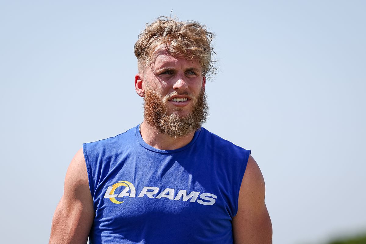 Cooper Kupp #10 of the Los Angeles Rams looks on during training camp at University of California Irvine on July 29, 2022 in Irvine, California.