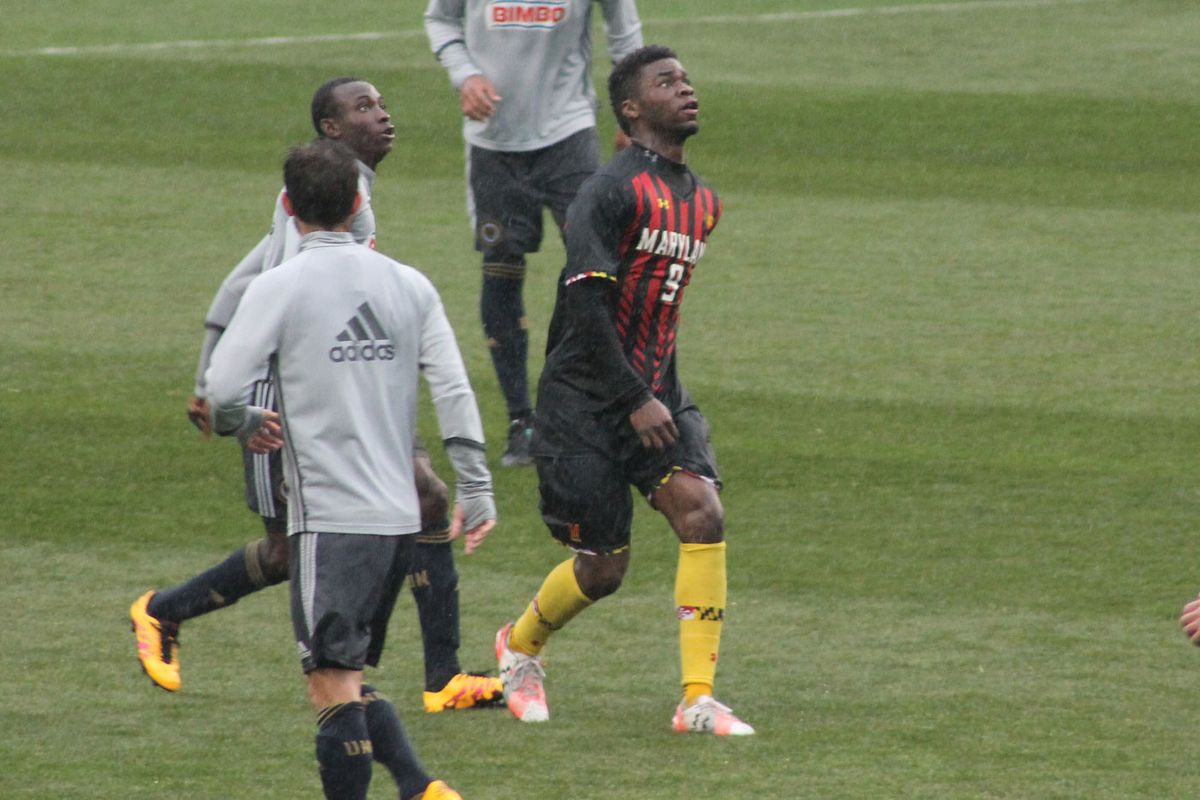 Sebastian Elney positions himself with Joshua Yaro defending in a scrimmage between Maryland and the Philadelphia Union at Talen Energy Stadium on April 12, 2016