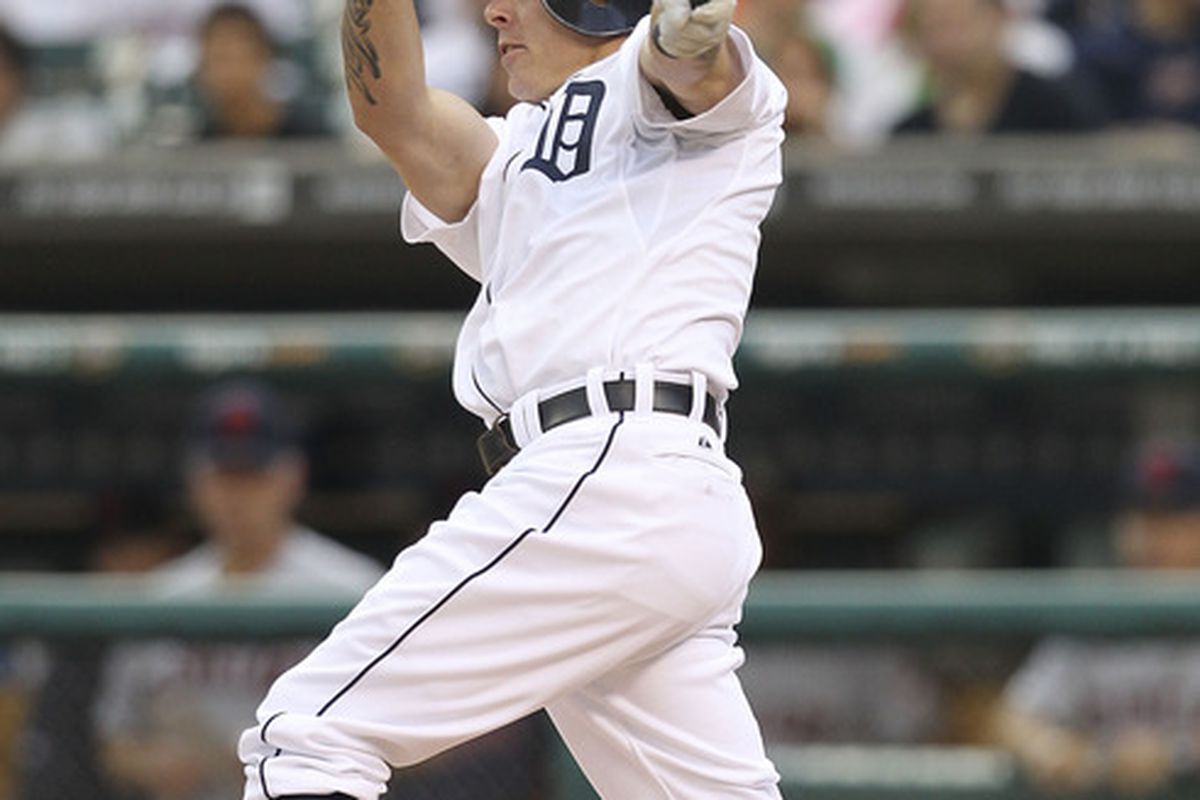 DETROIT - AUGUST 20: Brandon Inge #15 of the Detroit Tigers hits a solo home run in the second inning during the game against the Cleveland Indians at Comerica Park on August 20, 2011 in Detroit, Michigan.  (Photo by Leon Halip/Getty Images)