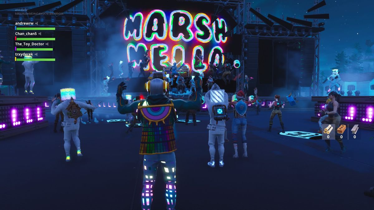 the stage came to life with building sized holograms of fortnite characters while a custom set of graphics played behind marshmello s avatar - marshmello event fortnite song list