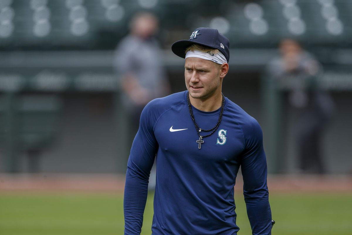 Seattle Mariners outfielder Jarred Kelenic watches an afternoon practice session at T-Mobile Park.