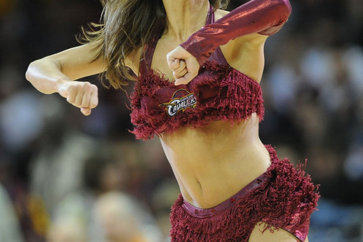 April 11, 2012; Cleveland, OH, USA: A member of the Cleveland Cavaliers girls performs during the game against the Indiana Pacers at Quicken Loans Arena.  Mandatory Credit: Eric P. Mull-USPRESSWIRE