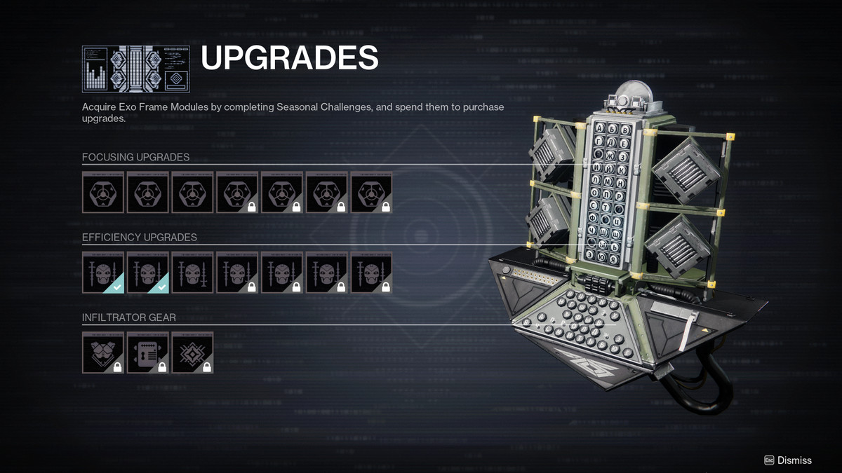 The Season of the Seraph upgrade menu screen in Destiny 2