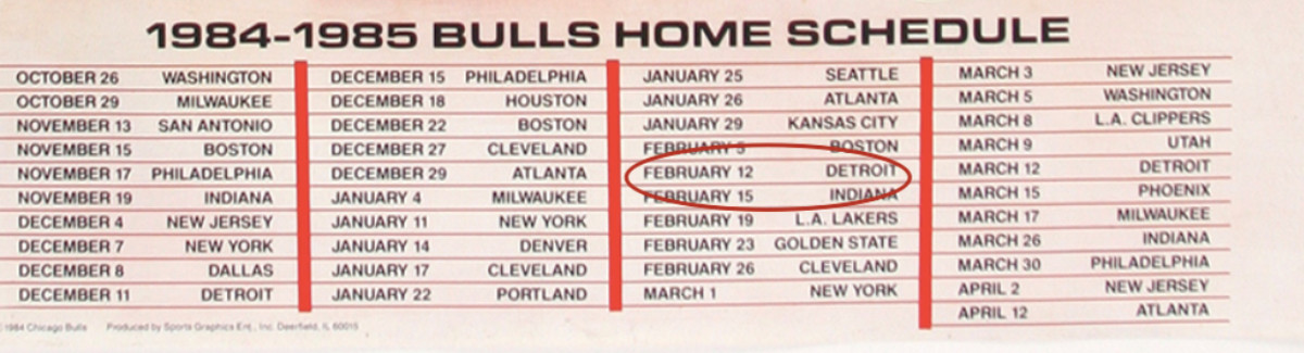 Image of the 1984-1985 Bulls home schedule, with a February 12 matchup against Detroit circled in red