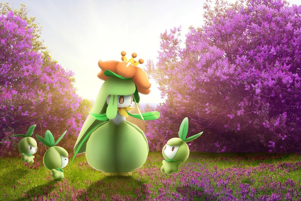 Lilligant and Petilil as seen in Pokémon Go around some pink bushes