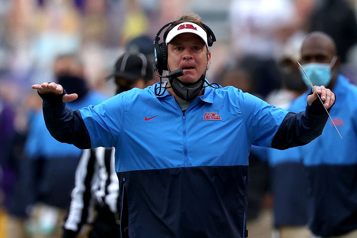 Head coach Lane Kiffin of the Mississippi Rebels reacts to a call during a game against the LSU Tigers at Tiger Stadium on December 19, 2020 in Baton Rouge, Louisiana.