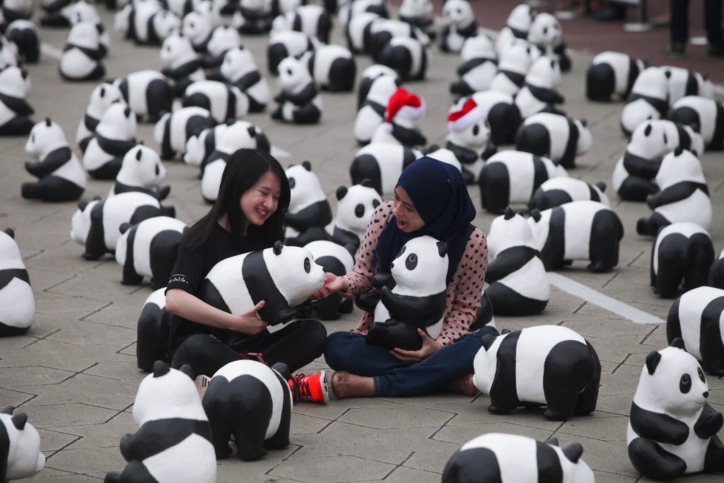 Malaysian women sit during the 1600 Pandas World Tour in Malaysia in Kuala Lumpur, Malaysia. 1600 pandas made by French artist Paulo Grangeon jointly with WWF with recycled paper are being exhibited in Kuala Lumpur. The paper-made panda exhibition aims at