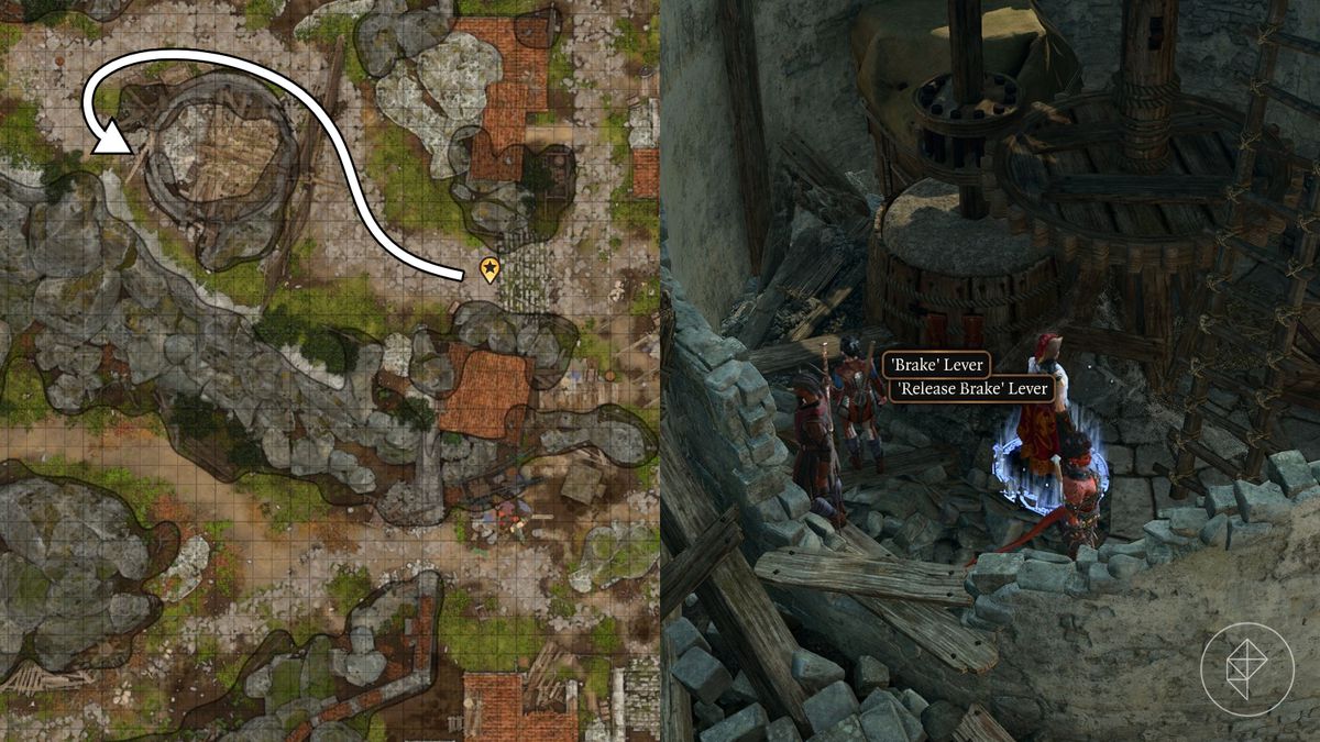 Location of the levers to stop the windmill during the ‘Rescue the Gnome’ quest in Baldur’s Gate 3.
