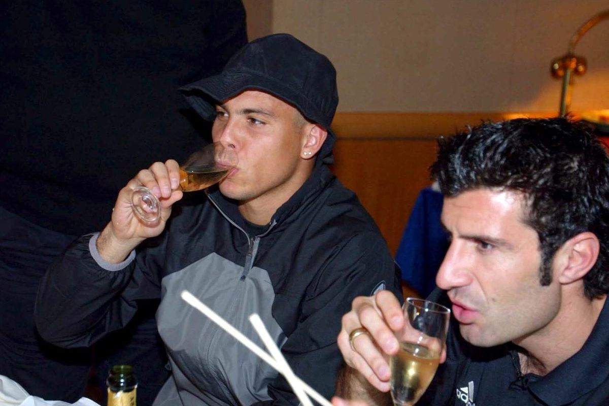 Ronaldo and Luis Figo of Real Madrid celebrate