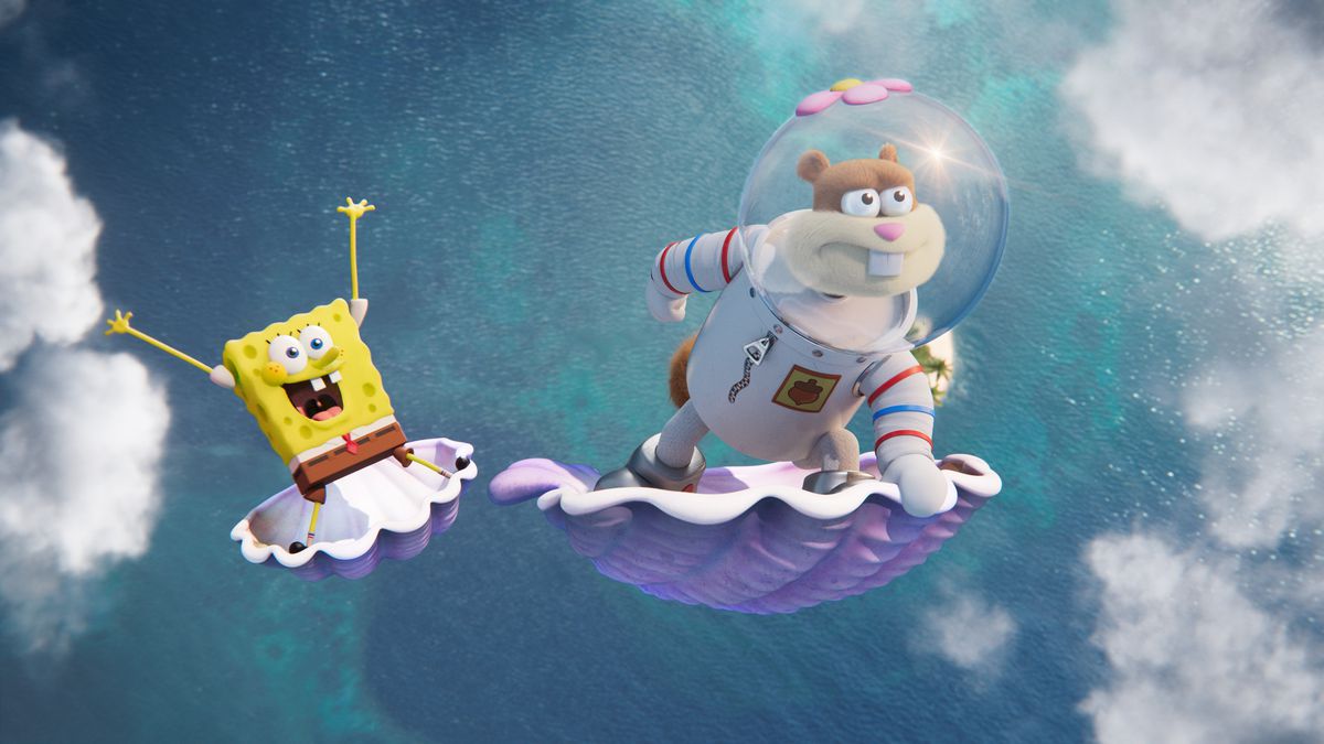 Sandy Cheeks, a squirrel in a white diving suit with a round glass helmet, flies through the clouds on a purple clamshell with a determined look on her face. SpongeBob SquarePants, mouth open and arms held high in excitement, flies behind her on another shell, in a promo image from the SpongeBob movie Saving Bikini Bottom: The Sandy Cheeks Movie
