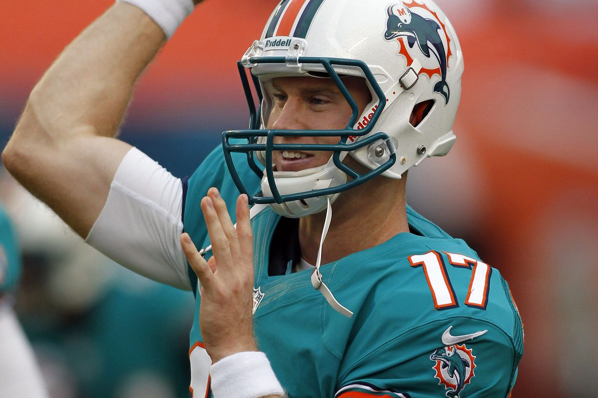 August 10, 2012; Miami Gardens, FL, USA;  Miami Dolphins quarterback Ryan Tannehill (17) before a game against the Tampa Bay Buccaneers at Sun Life Stadium. Mandatory Credit: Robert Mayer-US PRESSWIRE