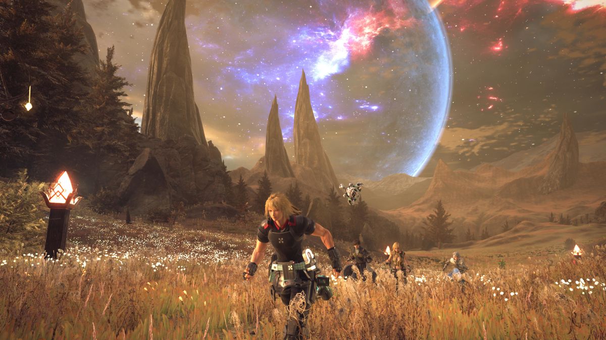 Characters run through a lush meadow with rock spires and a colorful starscape behind them in Star Ocean: The Divine Force