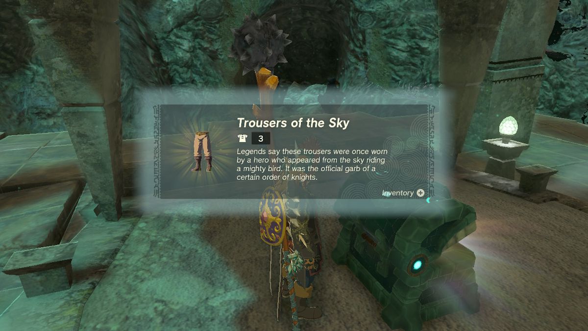Link opens a chest containing the Trousers of the Sky in Zelda Tears of the Kingdom.