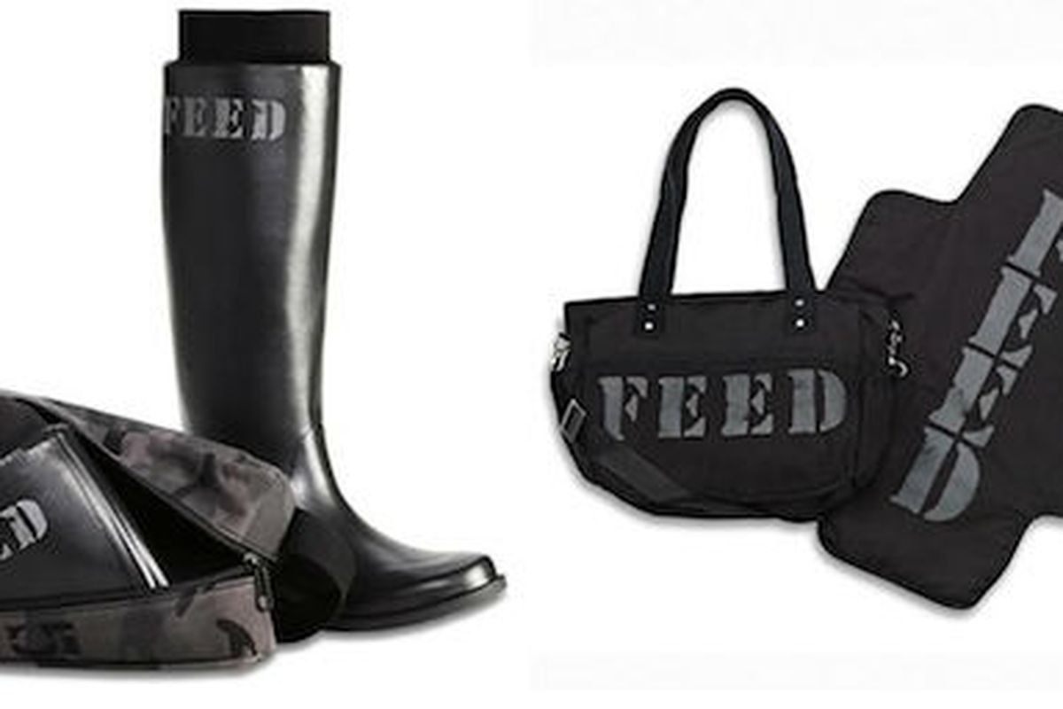<a href="http://www.dkny.com/products/23321579/feed-city-survival-boots?q=feed&amp;sort=score_desc">FEED City Survival Boots</a>, $115 and the <a href="http://www.dkny.com/products/r3216501/feed-diaper-bag?q=feed&amp;sort=score_desc">FEED Diaper Bag
