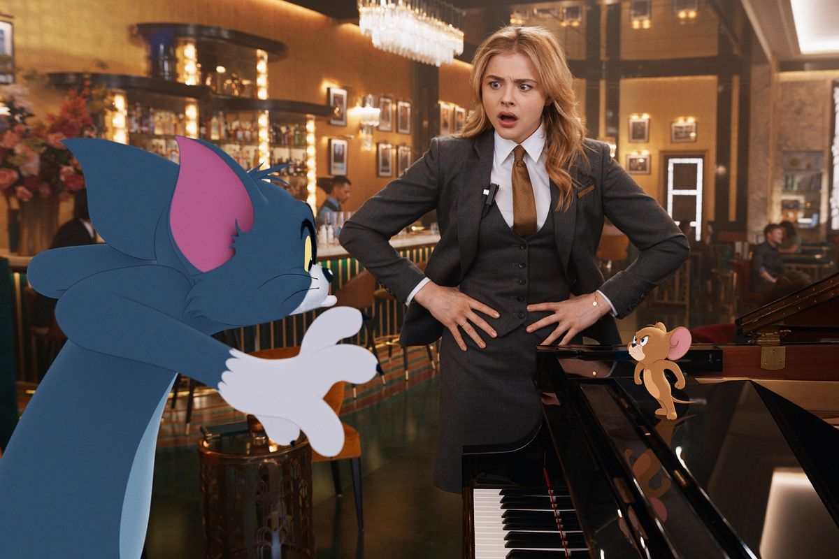 Tom and Jerry angrily face off with an exasperated Chloë Grace Moretz caught in the middle