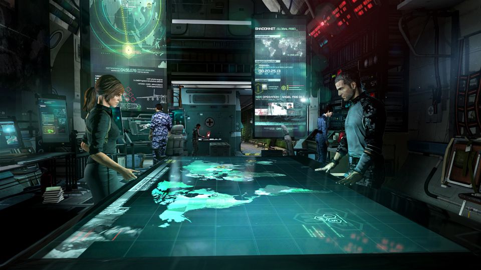 Sam Fisher convenes at the planning table aboard the team's AC-130 in Splinter Cell: Blacklist