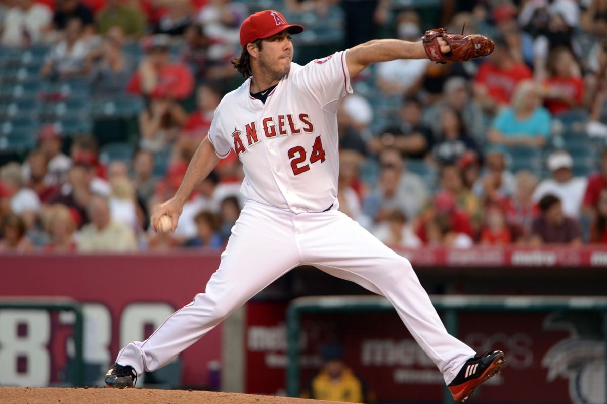 Aug 16, 2012; Anaheim, CA, USA; Los Angeles Angels pitcher Dan Haren (24) delivers a pitch against the Tampa Bay Rays at Angel Stadium. Mandatory Credit: Kirby Lee/Image of Sport-US PRESSWIRE