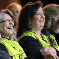 Women react to A.J. Jacobs' keynote speech at RootsTech at the Salt Palace in Salt Lake City on Saturday, Feb. 14, 2015. 