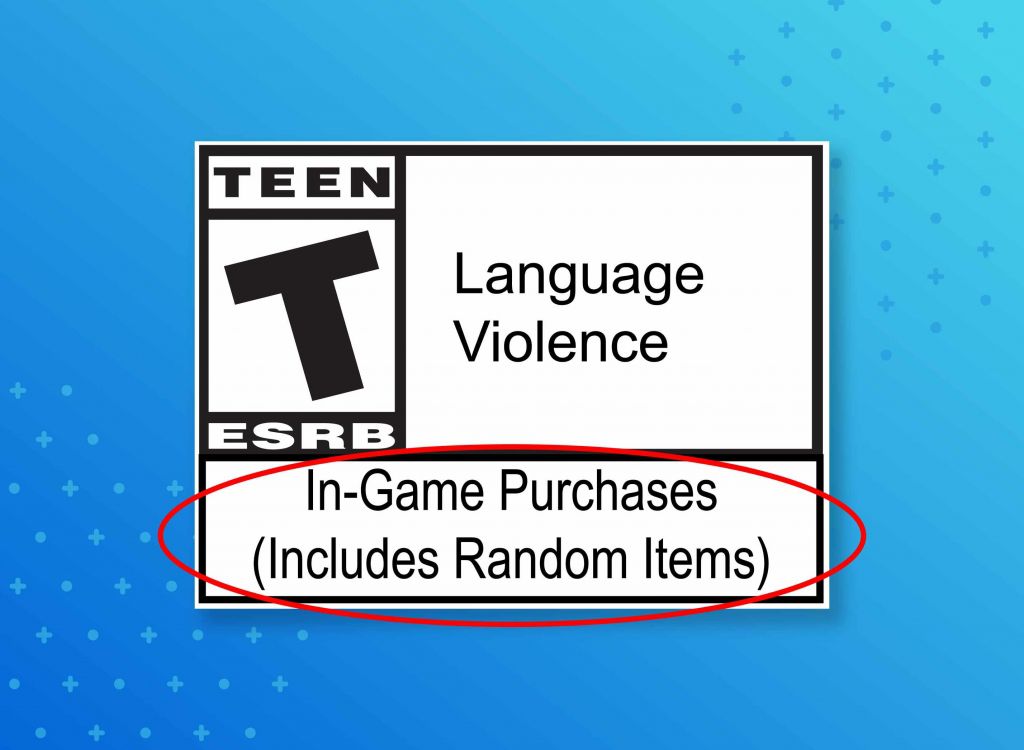 A graphic of a T rating from the ESRB with the new In-Game Purchases (Includes Random Items) designation