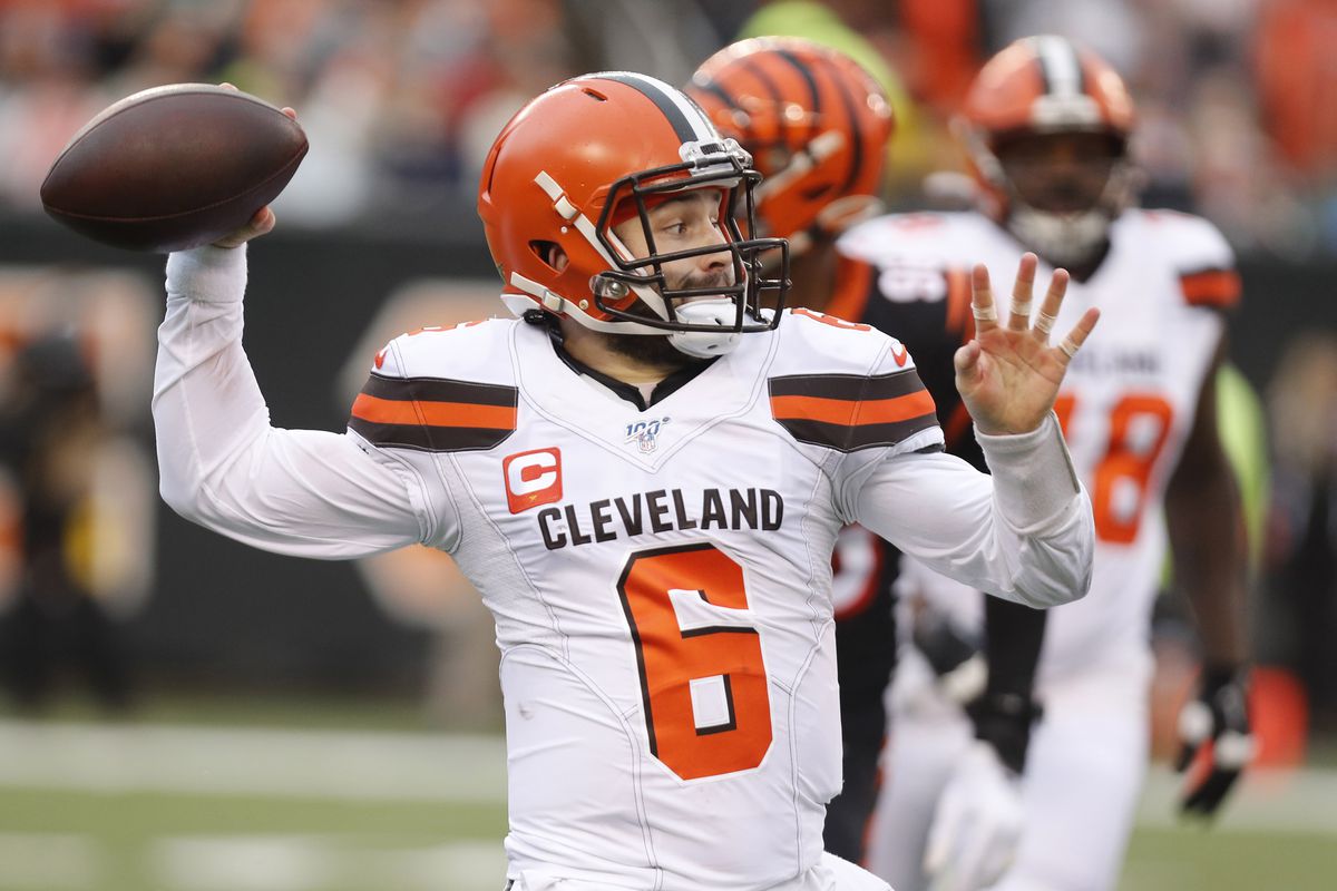 Cleveland Browns quarterback Baker Mayfield throws the ball against the Cincinnati Bengals during the first half at Paul Brown Stadium.